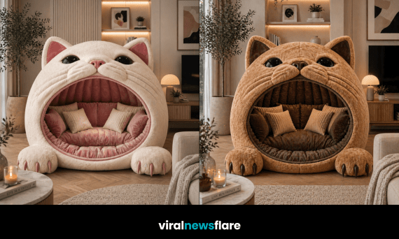 collection of oversized cat-shaped lounge chairs in different colours styled in contemporary living rooms
