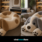 Collection of oversized plush dog-shaped lounge chairs in modern cosy living room settings