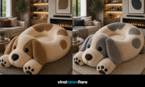 Collection of oversized plush dog-shaped lounge chairs in modern cosy living room settings