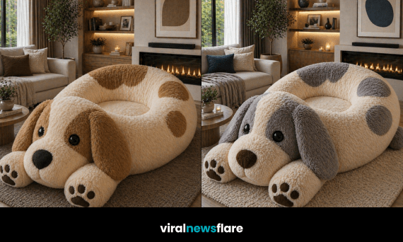 Collection of oversized plush dog-shaped lounge chairs in modern cosy living room settings