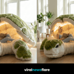 Giant plush turtle-shaped relaxation pod with ambient lighting and cosy reading space in a bright modern apartment
