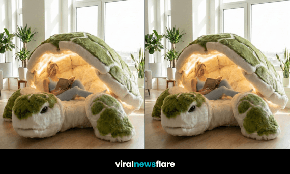 Giant plush turtle-shaped relaxation pod with ambient lighting and cosy reading space in a bright modern apartment