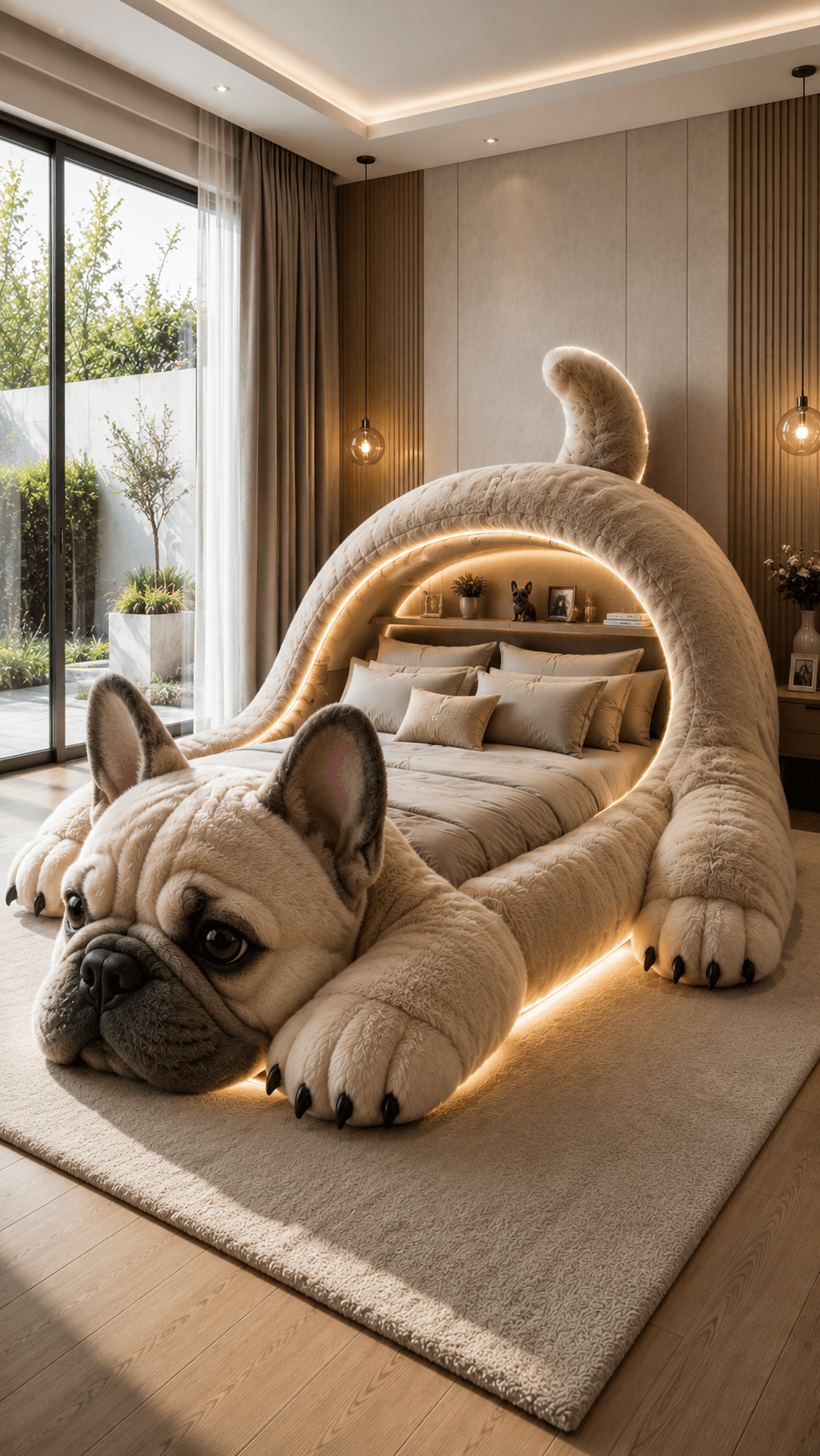 Giant French bulldog-shaped bed with glowing LED frame in a warm contemporary bedroom interior