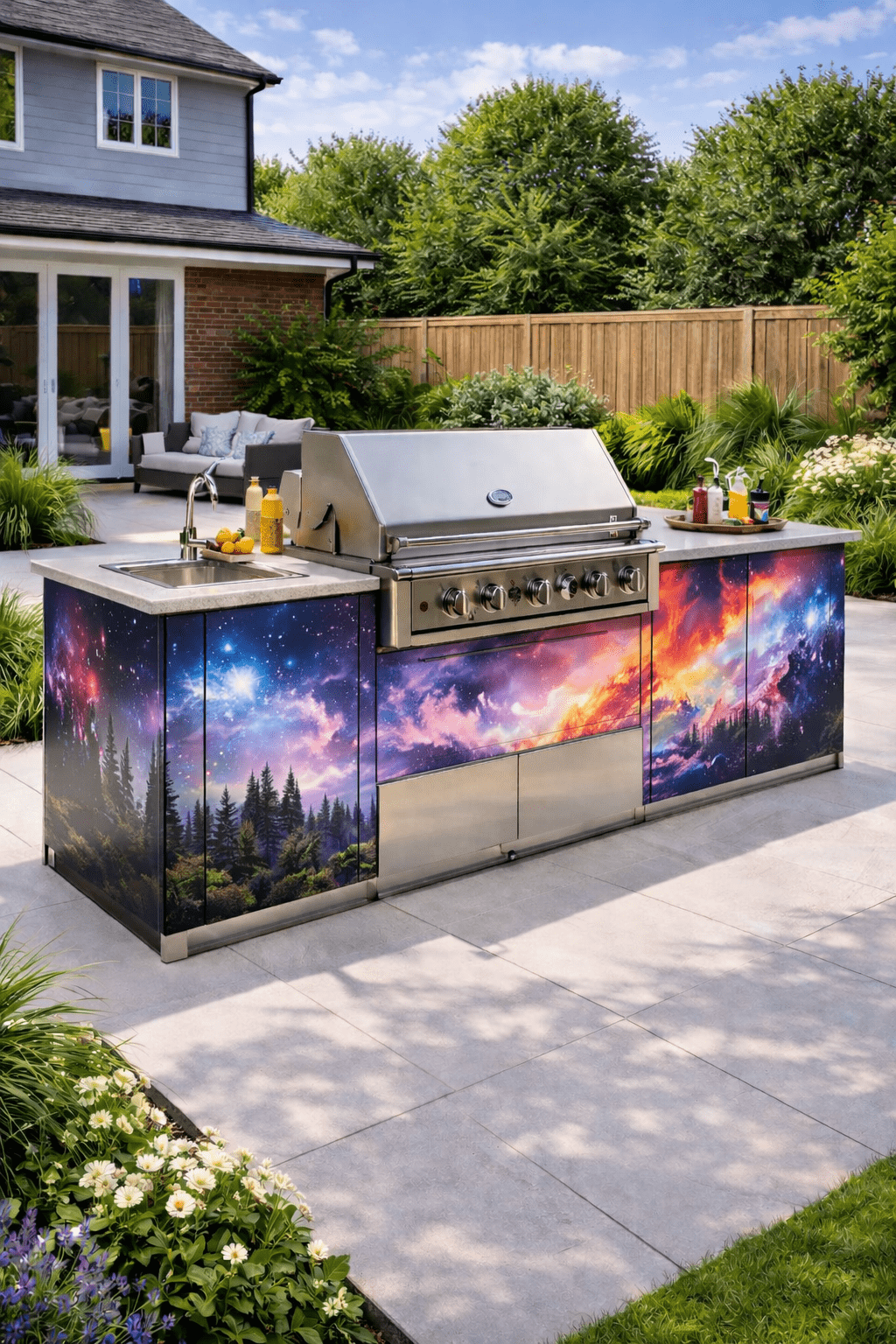 Futuristic outdoor kitchen island with galaxy sky artwork panels and stainless steel BBQ grill in landscaped garden