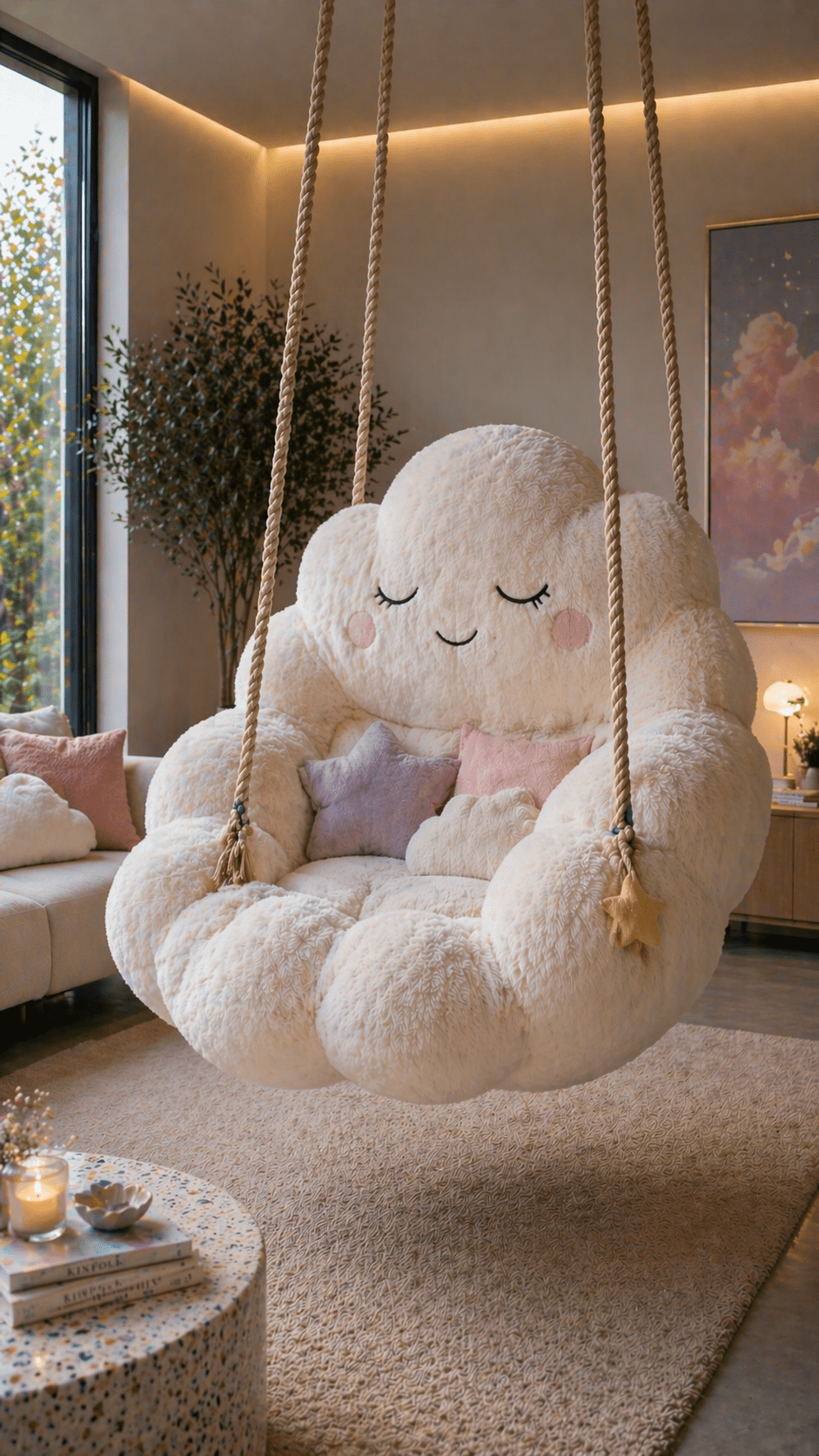 Cream fluffy cloud-shaped hanging chair featuring pastel cushions in a warm modern lounge