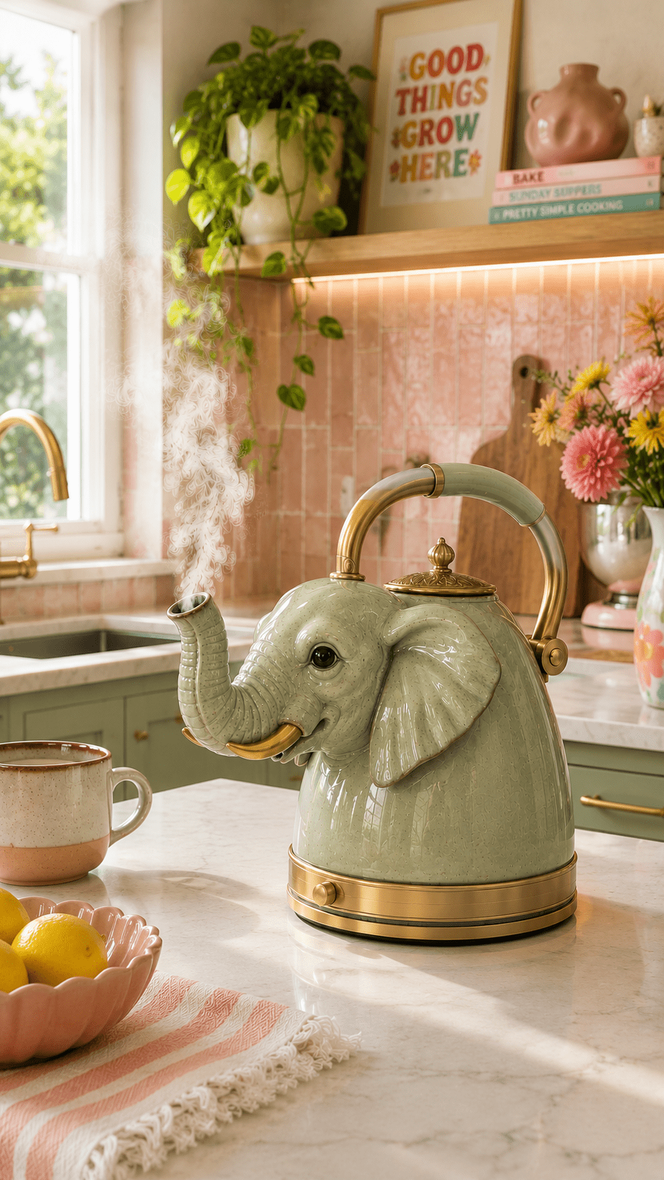 Sage green elephant kettle with brass detailing in a bright contemporary kitchen with plants
