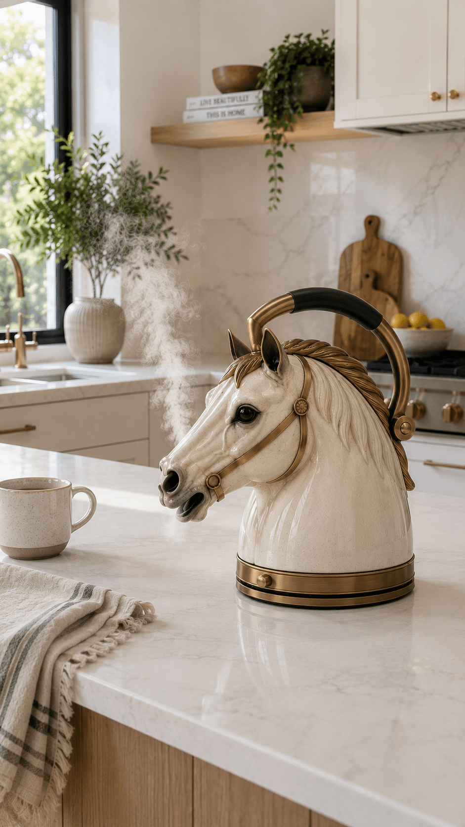 Cream horse-shaped kettle steaming in a bright contemporary kitchen setting
