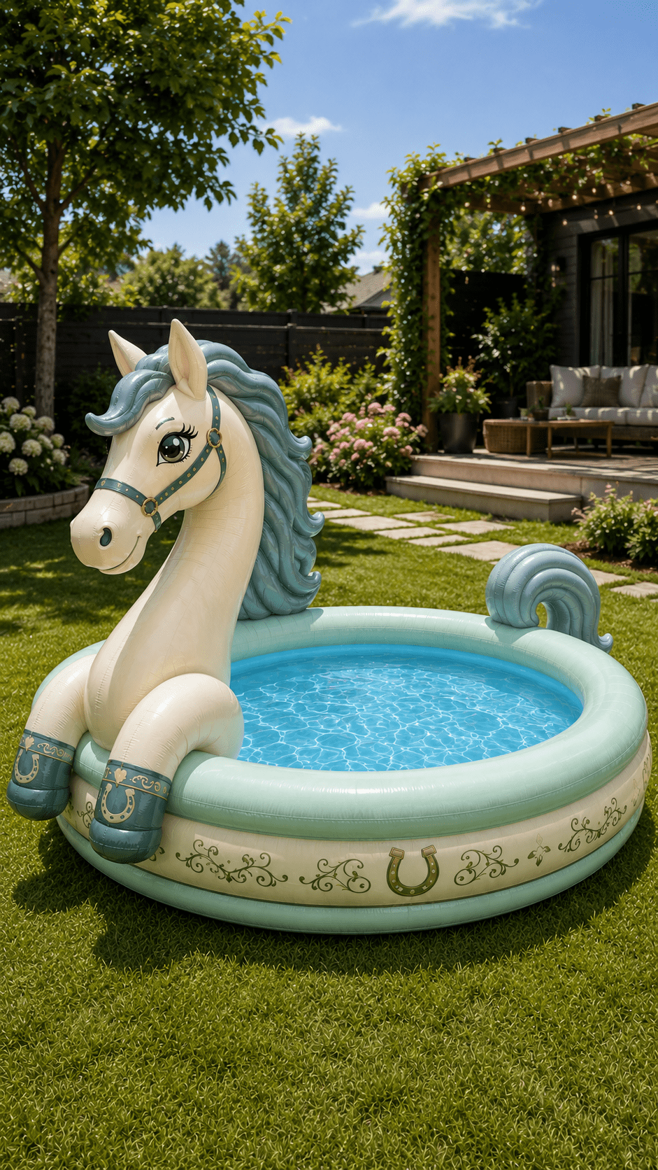 Pastel mint horse-shaped paddling pool with decorative inflatable details in a landscaped garden