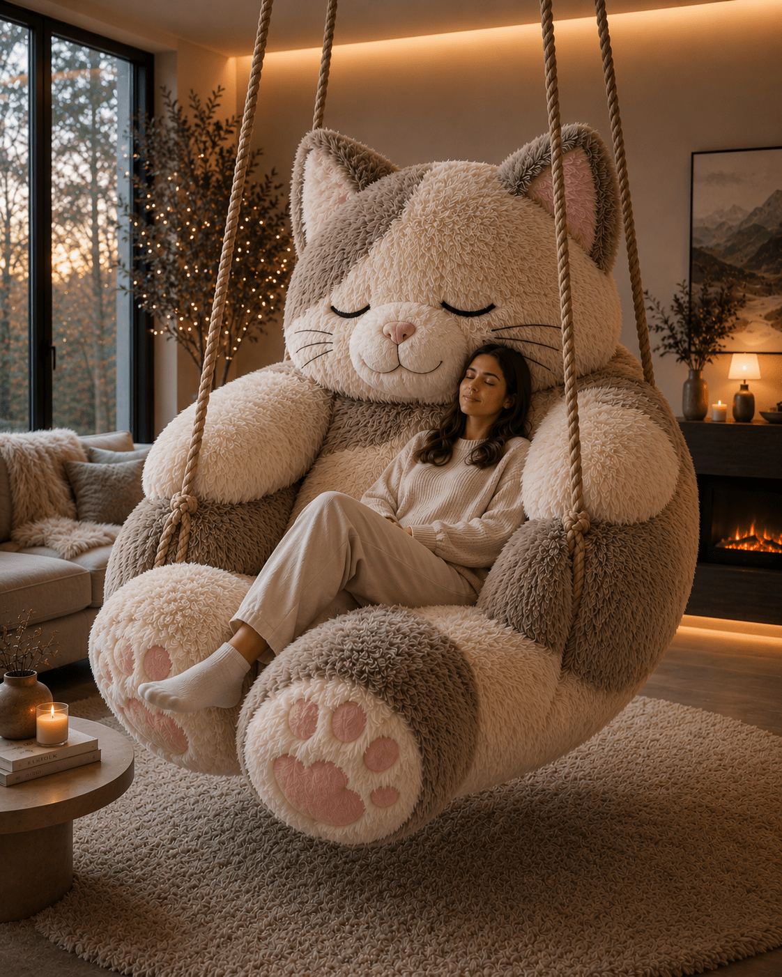 Giant beige and cream cat swing chair with oversized paws in a cosy modern home interior