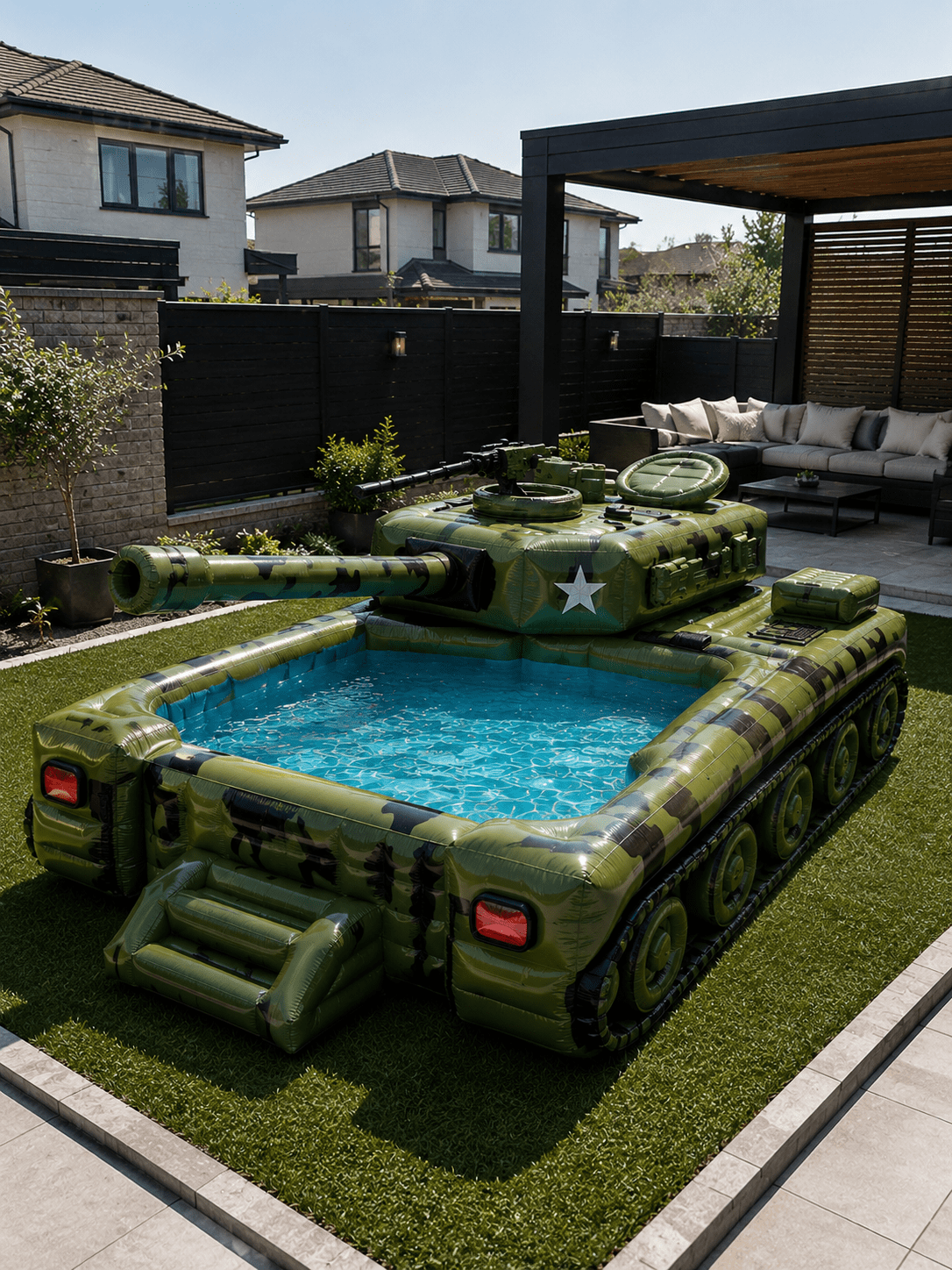 Large green camouflage inflatable tank-shaped paddling pool in a luxury suburban garden
