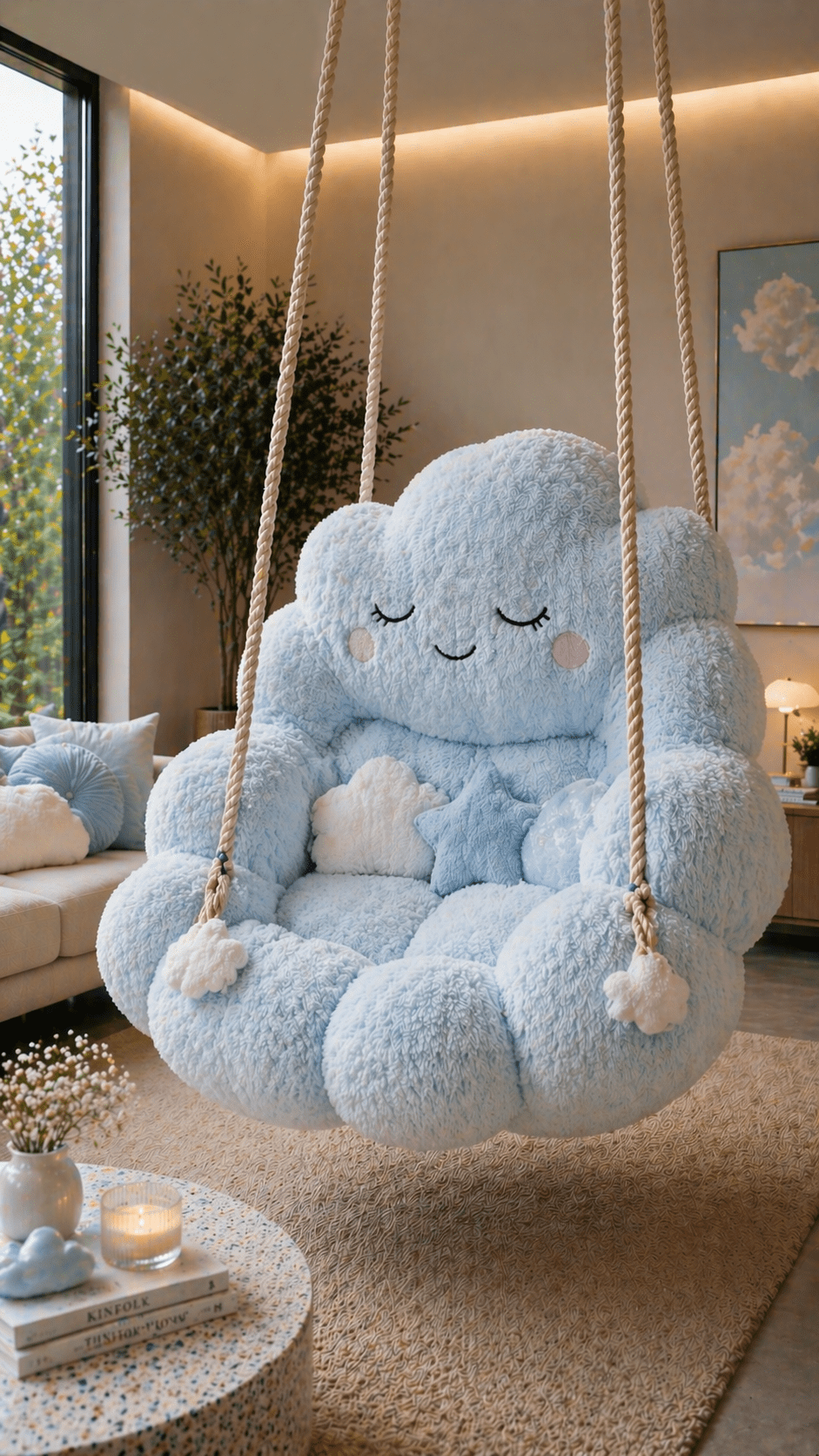 Soft blue cloud-shaped hanging swing chair in a stylish cosy living room with calming décor
