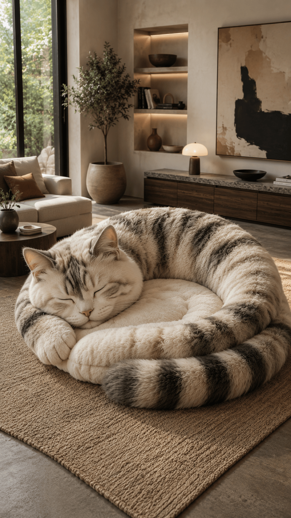 Giant fluffy cat-shaped chair placed in a warm modern lounge with ambient lighting