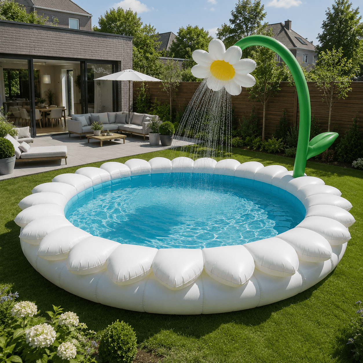 White daisy-inspired inflatable paddling pool with oversized flower sprinkler in landscaped garden