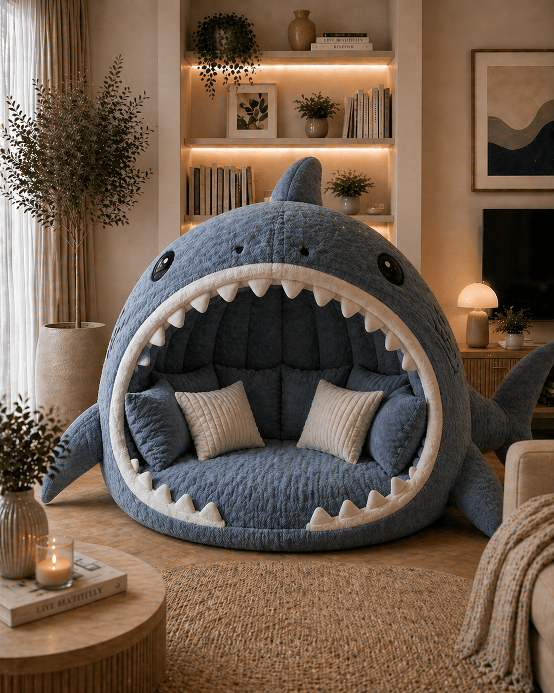 Giant shark-shaped lounge chair with plush seating and oversized open-mouth design in modern living room
