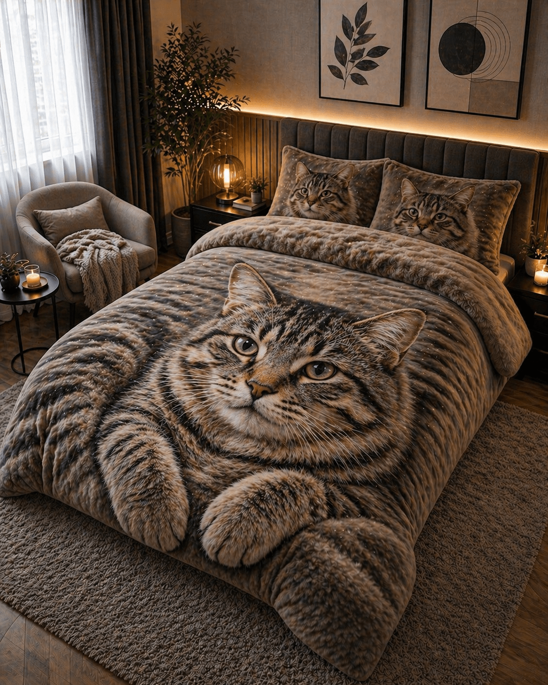 Close-up realistic tabby cat 3D duvet cover with expressive eyes in a warm modern bedroom