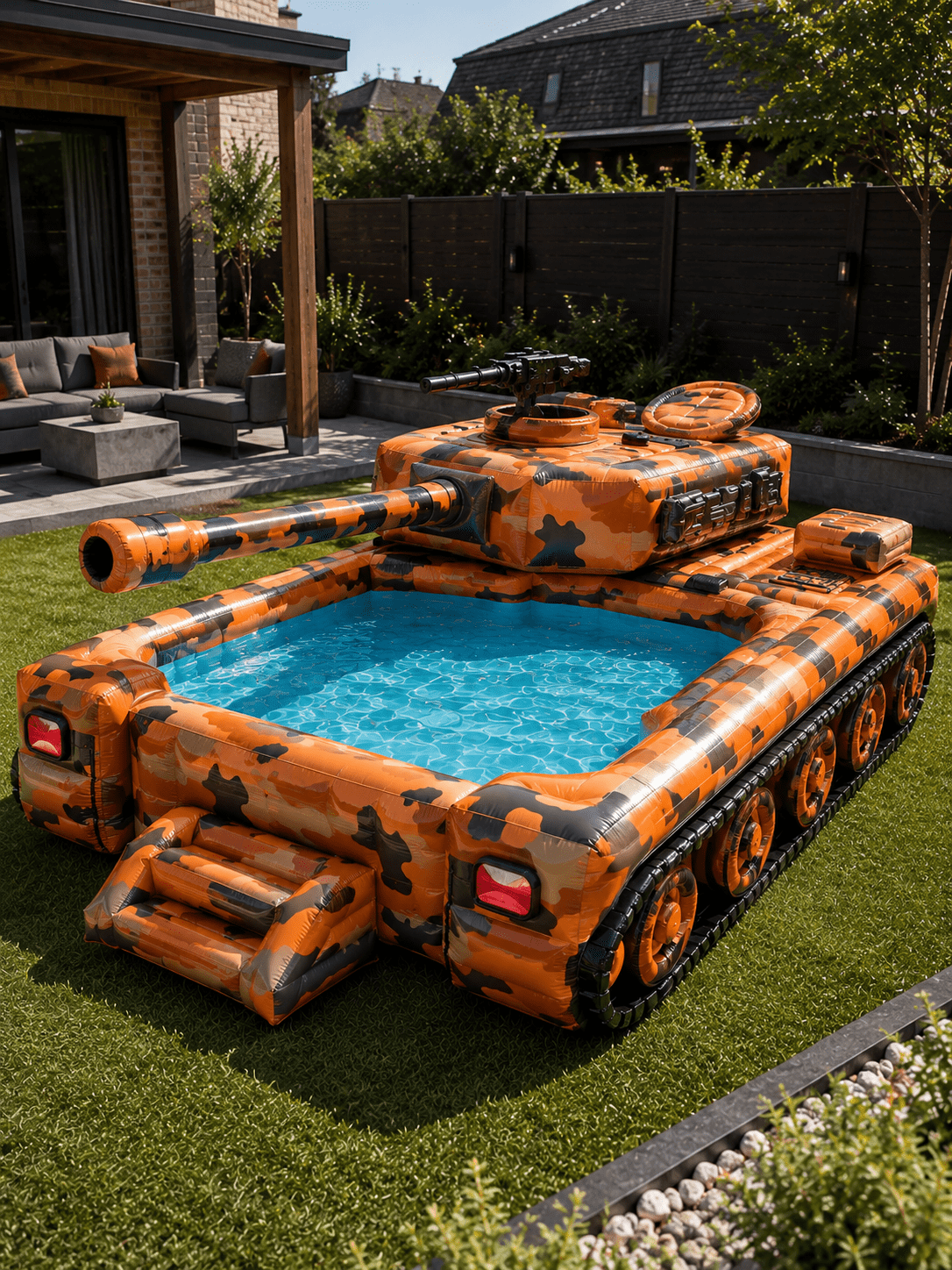 Bright orange camouflage inflatable tank-shaped paddling pool in a modern outdoor space