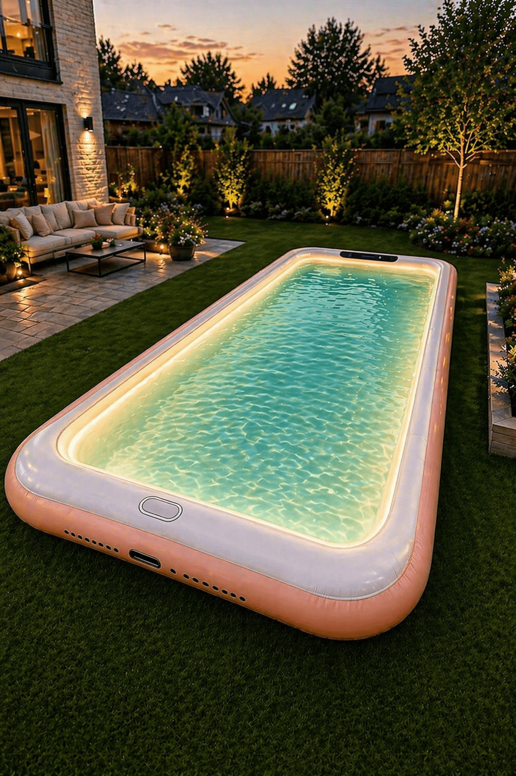 inflatable paddling pool with soft white and gold LED lighting in a modern landscaped backyard