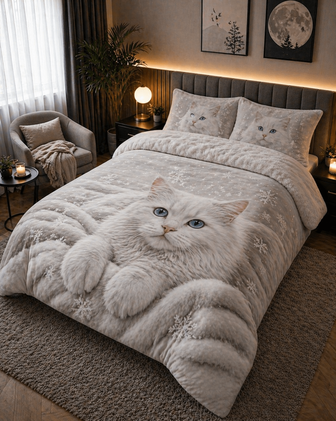 White fluffy cat 3D duvet cover with snowflake design in a bright cosy bedroom setting