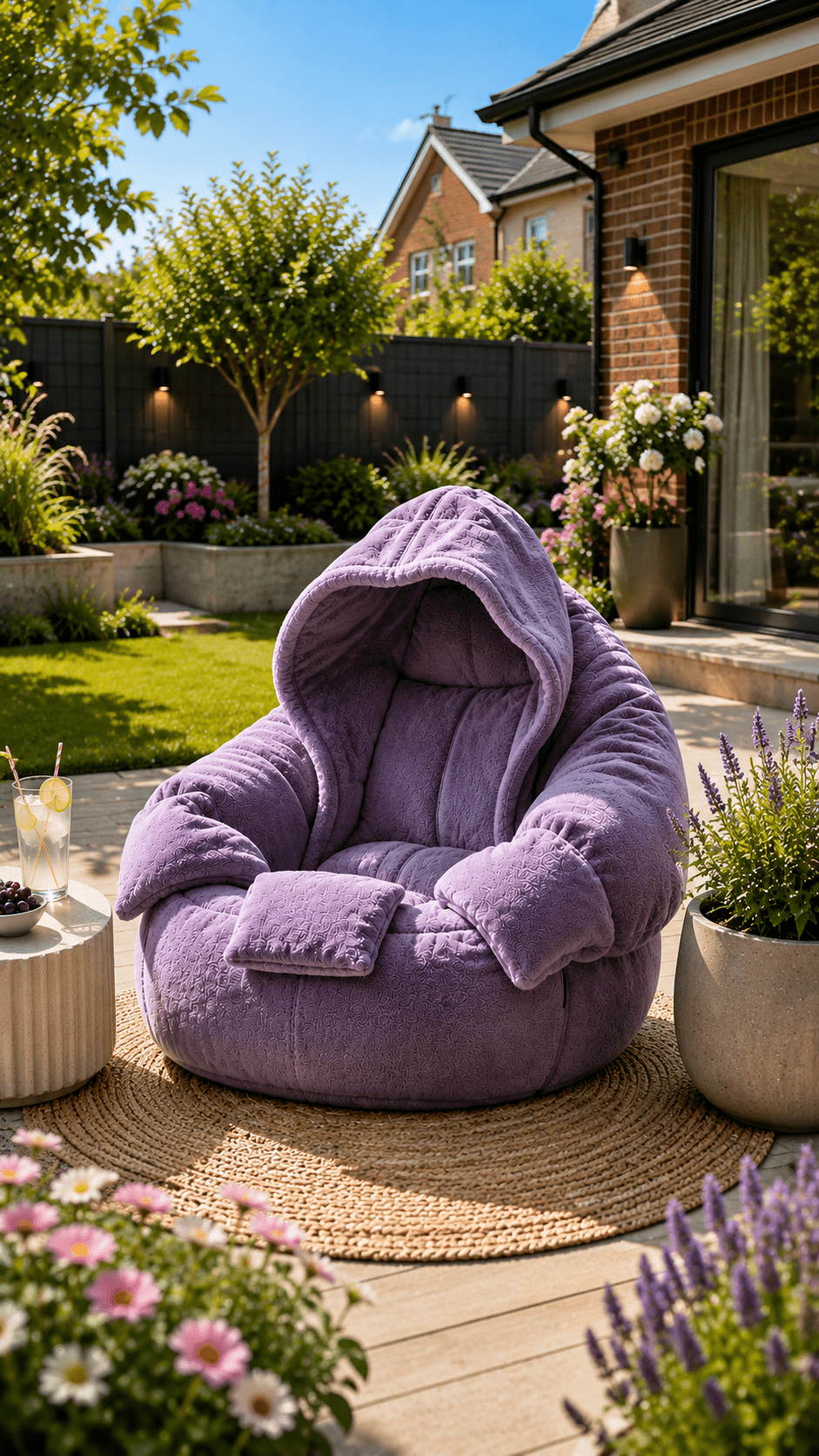 Lavender purple outdoor hoodie bean bag chair on a garden patio surrounded by colourful flowers and plants