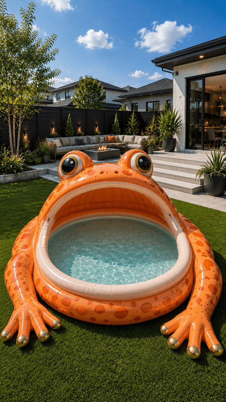 Large orange frog-shaped paddling pool beside a luxury outdoor seating area