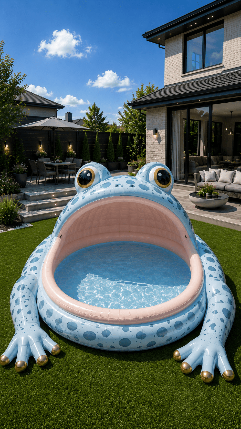 Light blue frog-shaped inflatable pool in a contemporary landscaped garden