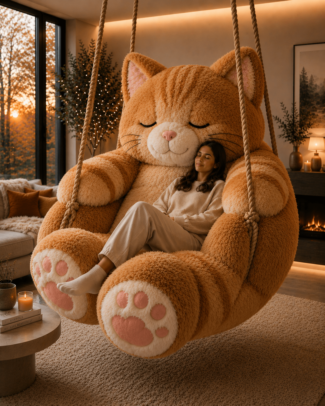 Oversized ginger cat hanging swing chair with fluffy texture in a stylish cosy lounge
