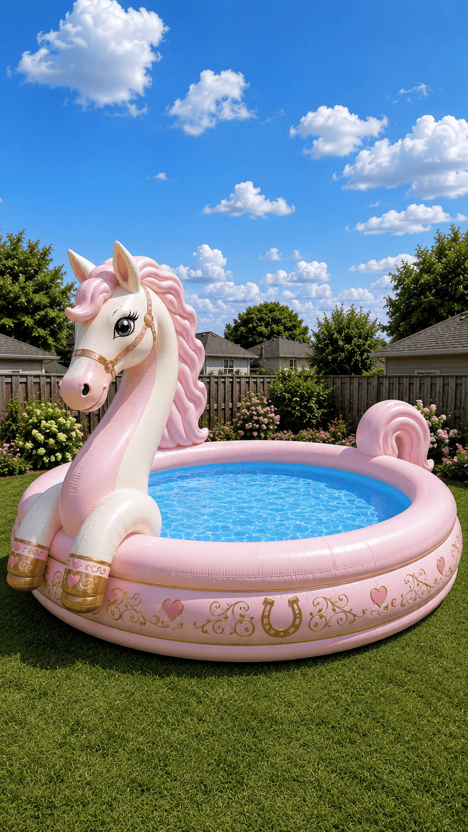 Large pink horse-shaped inflatable paddling pool in a sunny suburban back garden