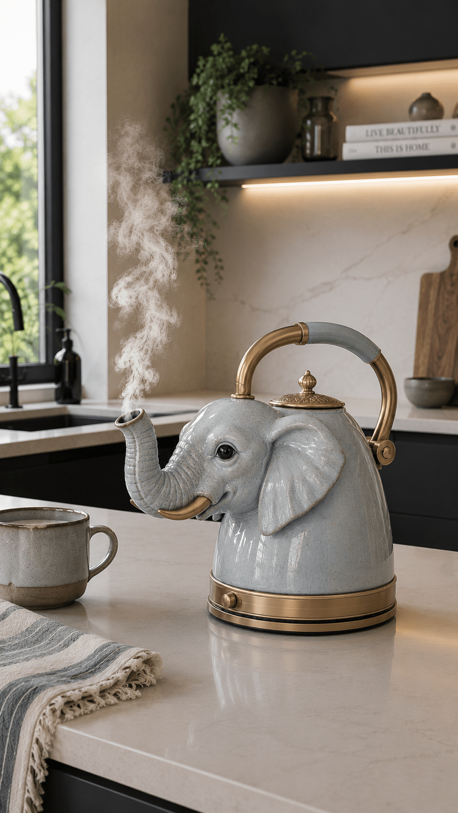 Soft blue elephant kettle steaming on a marble counter in a minimalist modern kitchen