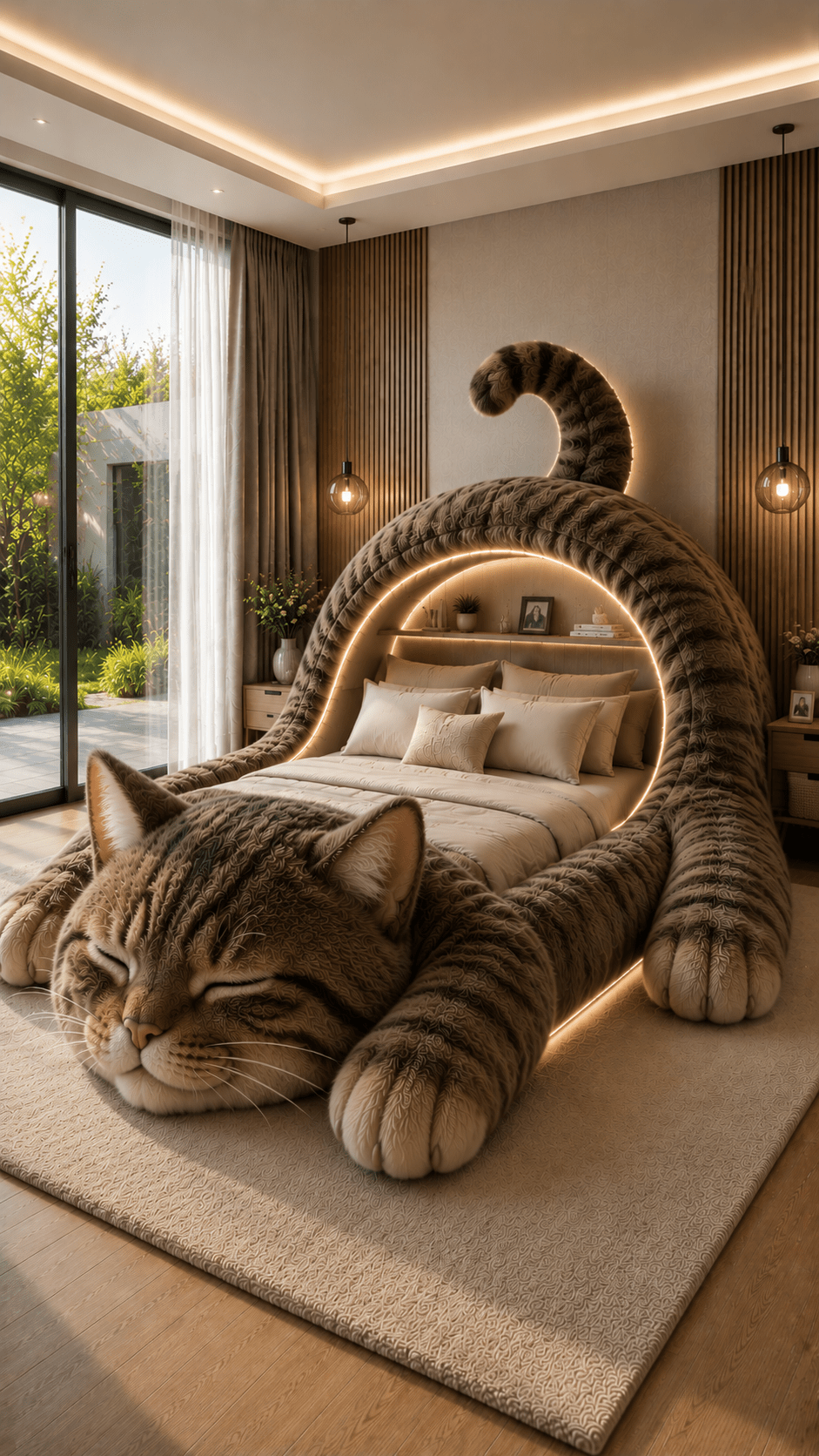 Realistic tabby cat-shaped luxury bed featuring integrated LED lighting and contemporary bedroom styling.