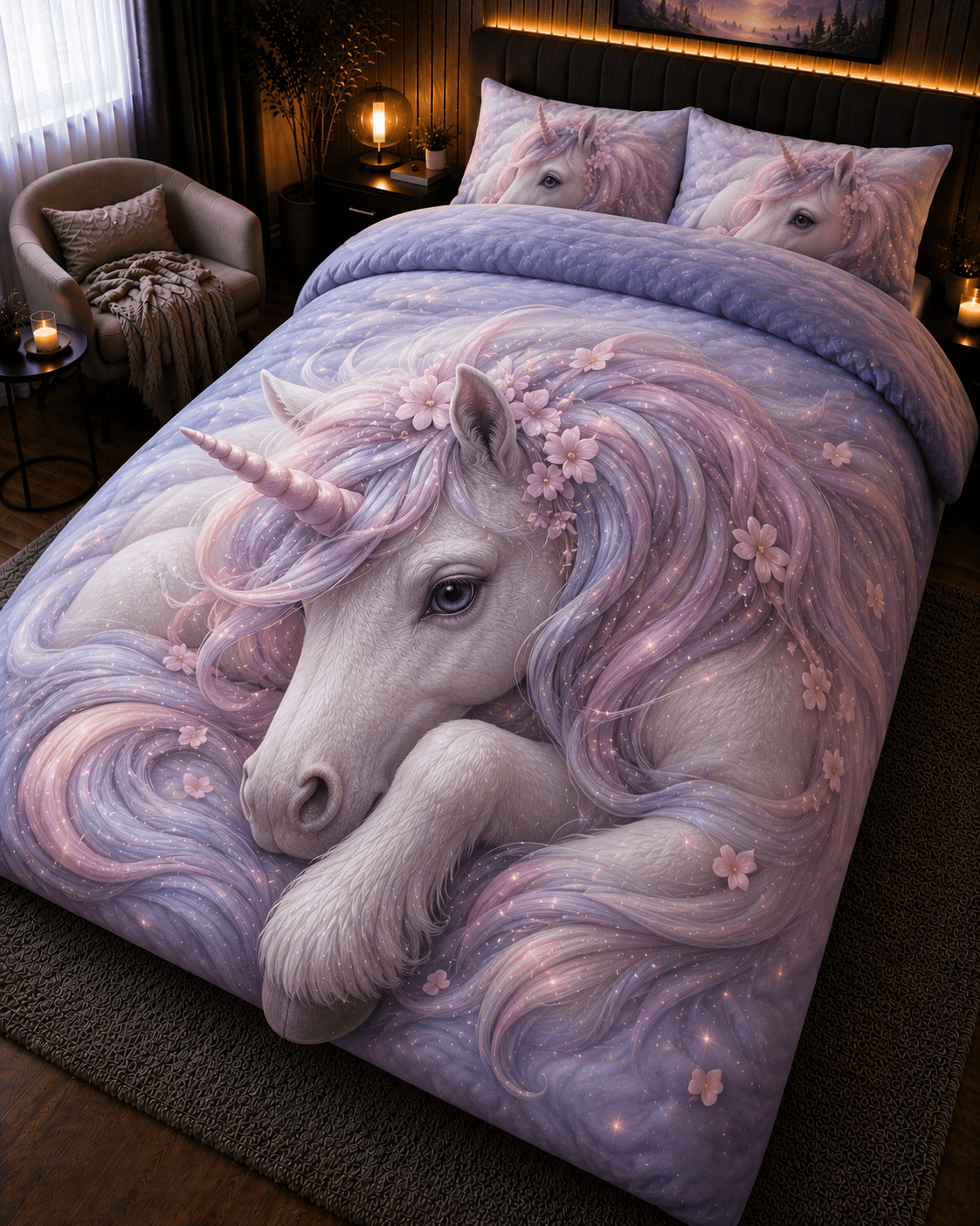 Pink pastel unicorn bedding set with floral accents and sparkling fantasy-inspired duvet cover