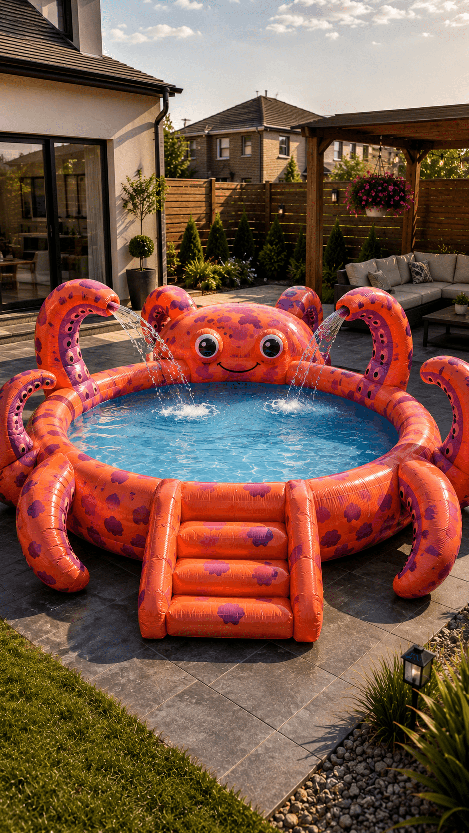 Vibrant orange inflatable octopus paddling pool with built-in sprayers in a stylish summer garden