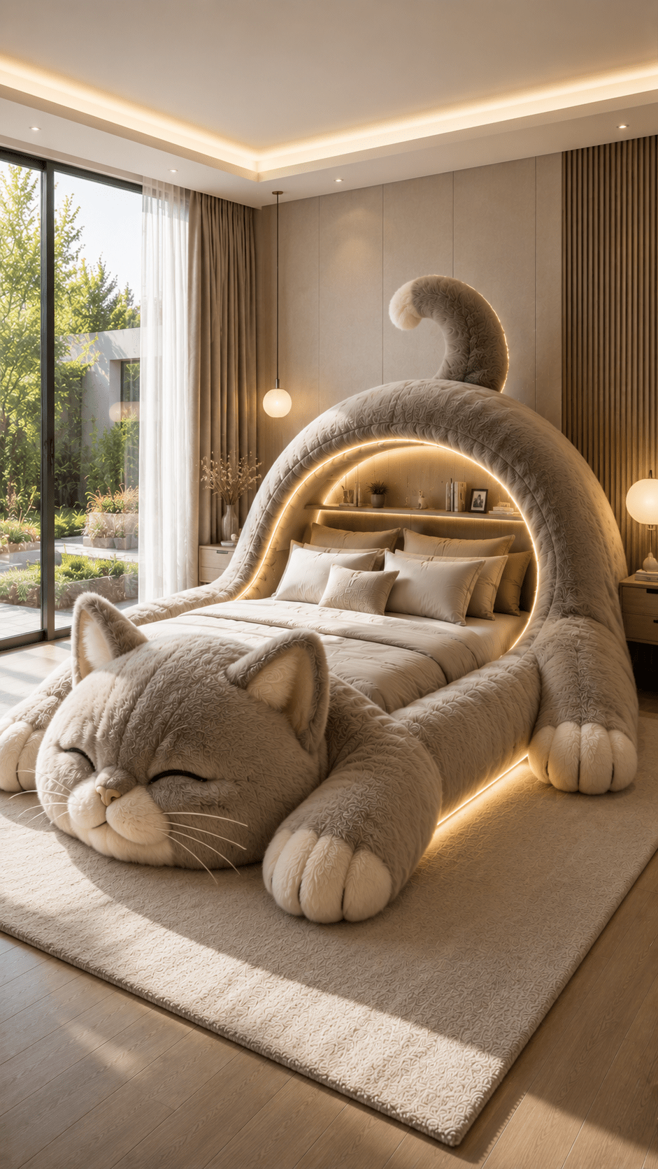 Plush cream-coloured cat-shaped luxury bed with ambient LED lighting and elegant interior design.