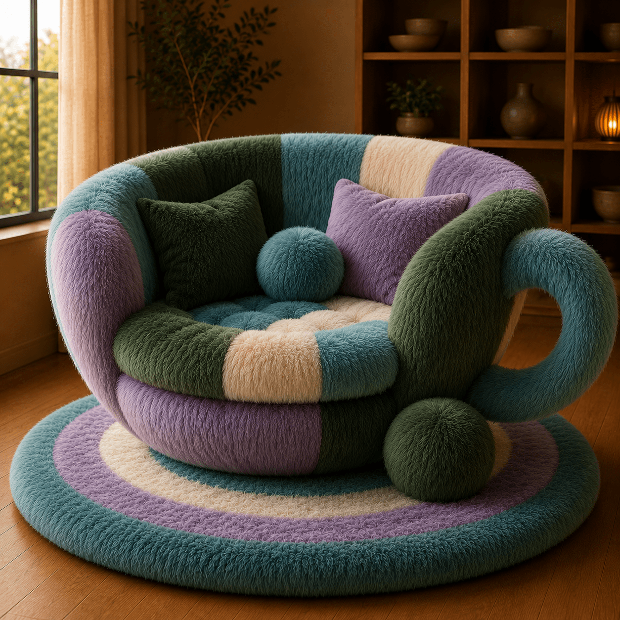 Giant green, teal, cream, and purple fluffy mug-shaped lounge chair in a cosy modern home setting
