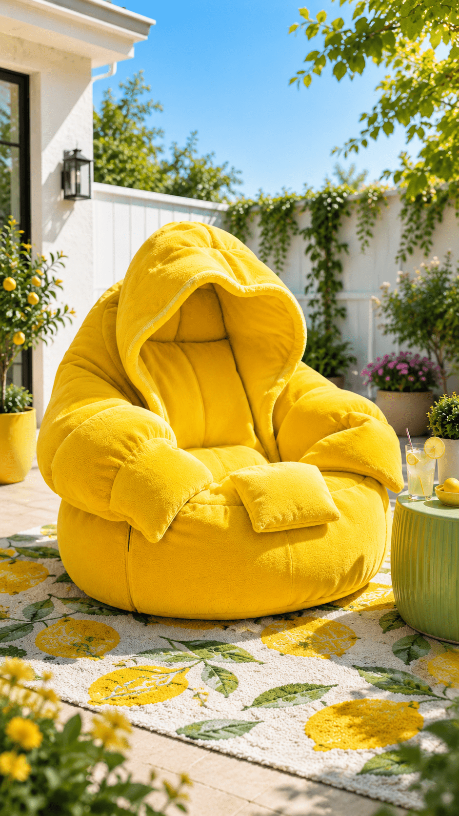 Bright yellow outdoor hoodie bean bag chair in a sunny garden with lemon-themed outdoor décor