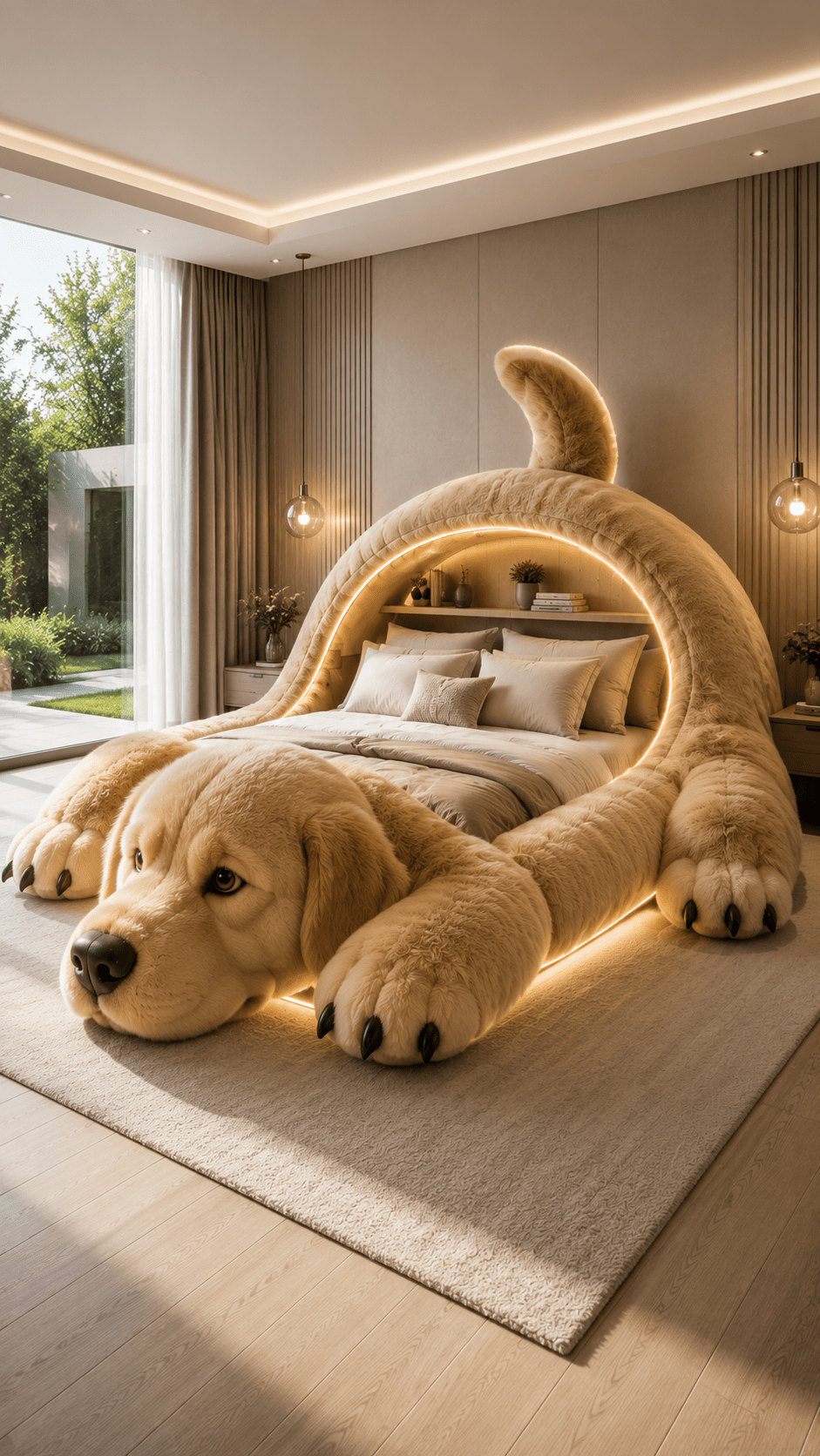 Oversized golden retriever-shaped plush bed with soft LED lighting in a modern minimalist bedroom