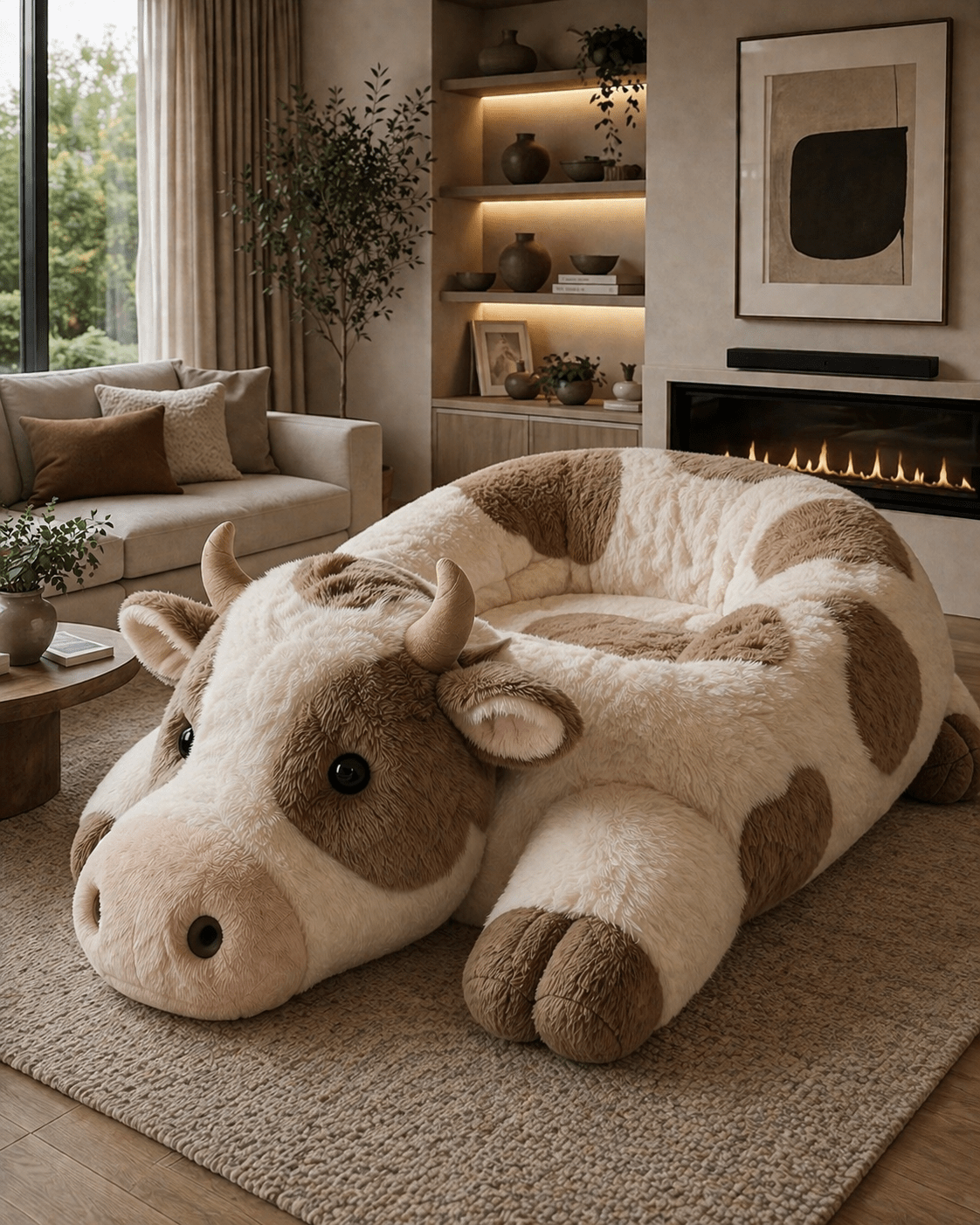 giant brown and cream cow-shaped plush lounge chair in a warm, softly lit living space