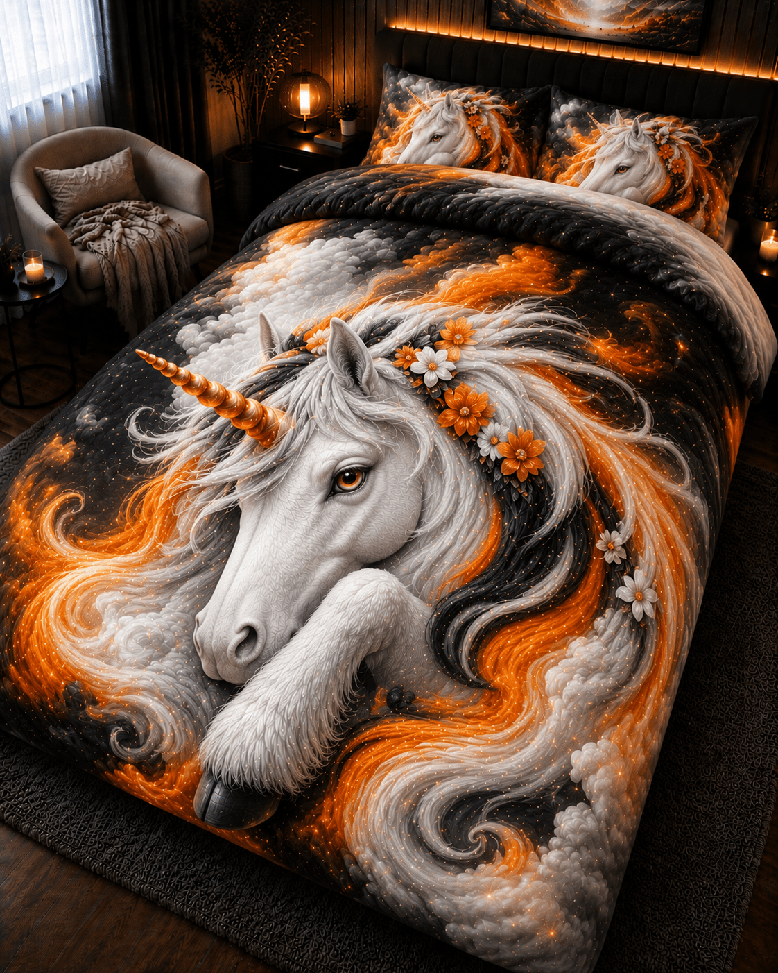 Black and orange unicorn bedding set with glowing fantasy clouds and dramatic magical bedroom décor
