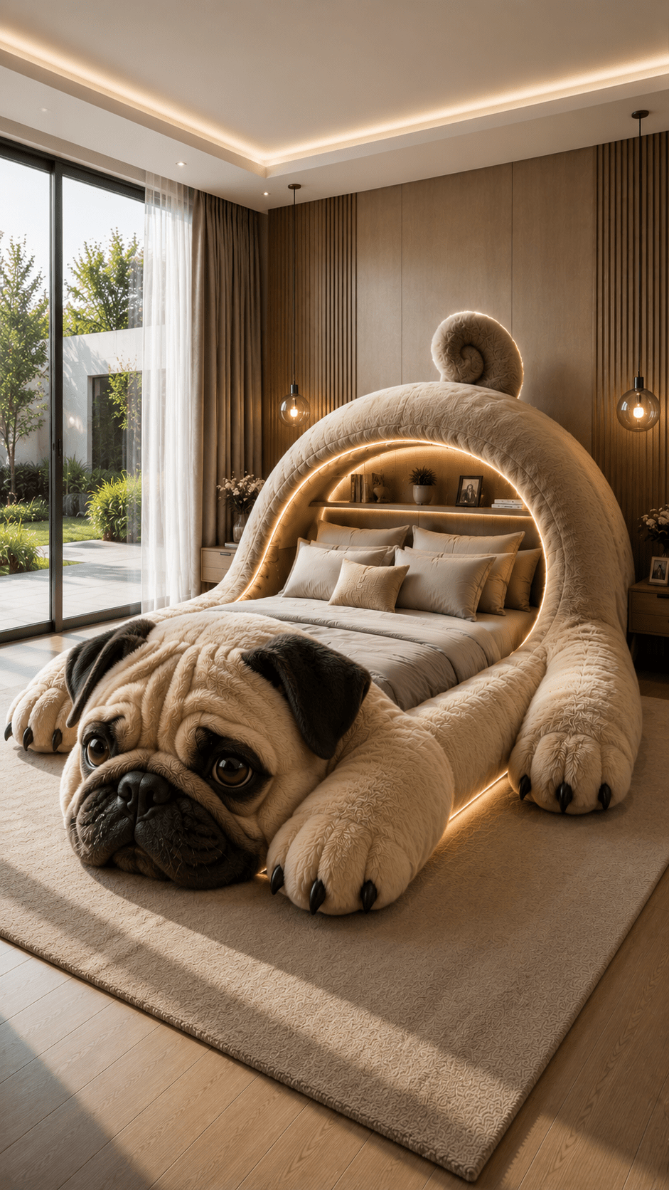 Giant pug-shaped luxury bed with plush textures and warm lighting in a stylish modern bedroom