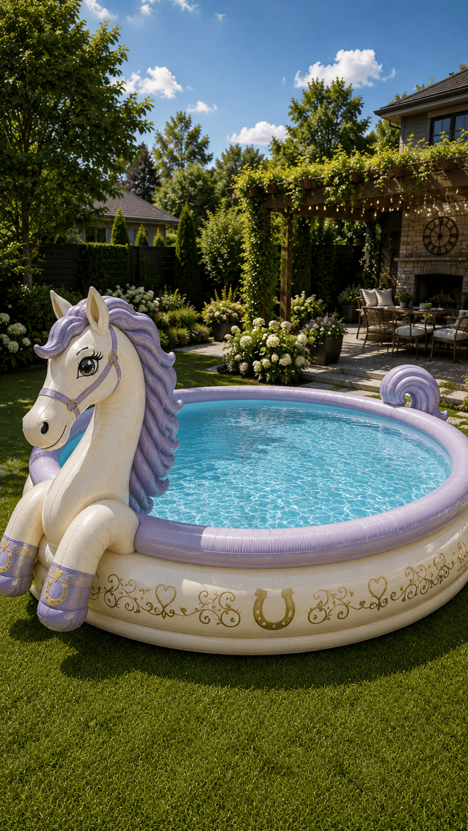 Lavender and cream horse-shaped paddling pool beside a luxury outdoor seating area