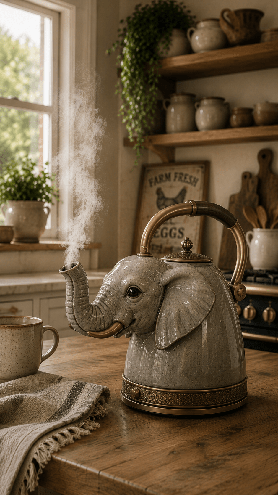 Rustic grey elephant kettle with vintage brass accents in a farmhouse-inspired kitchen