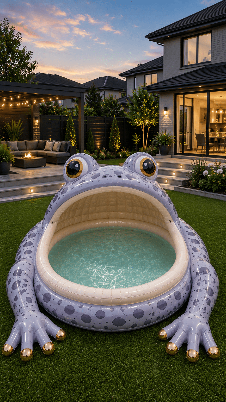 Lavender-grey frog-shaped inflatable paddling pool in a modern evening garden setting
