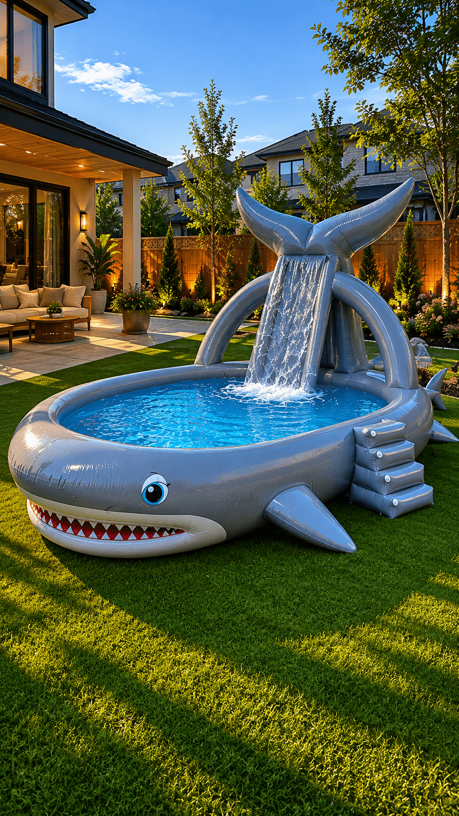 Giant shark-inspired pool with waterfall tail and inflatable stairs in a modern garden