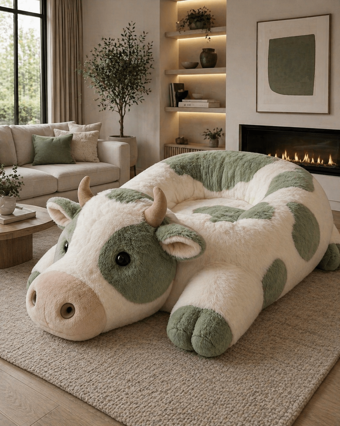 oversized green and cream cow plush lounge chair styled in a calm, earthy modern interior