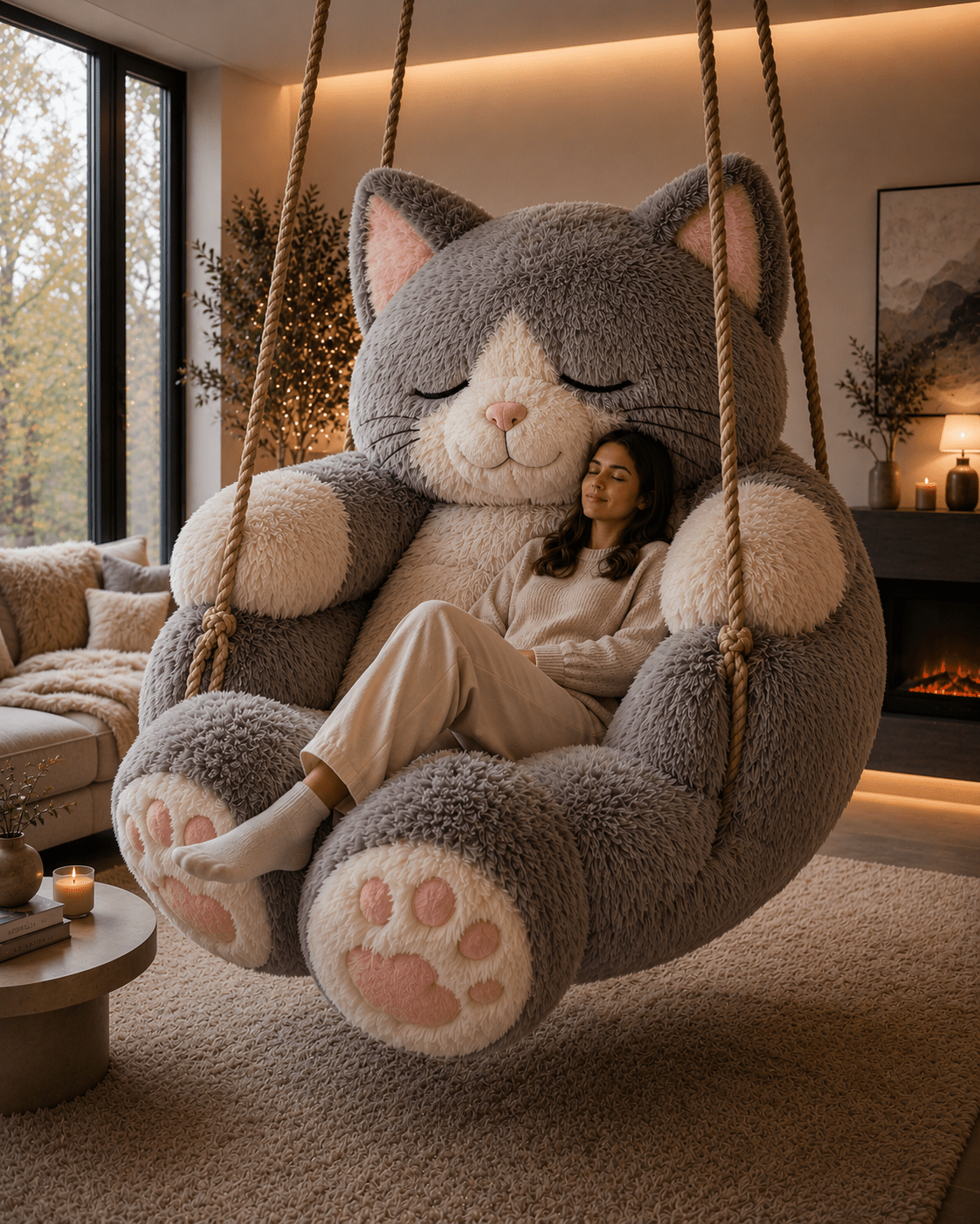 Giant grey cat swing chair hanging in a luxurious cosy living room with warm lighting