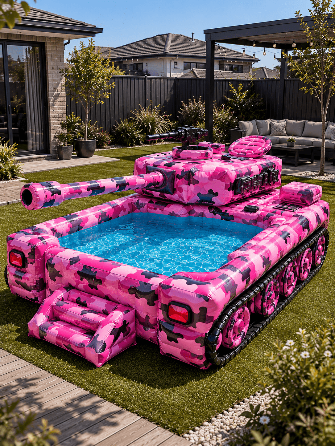 Oversized pink camouflage paddling pool in a stylish back garden