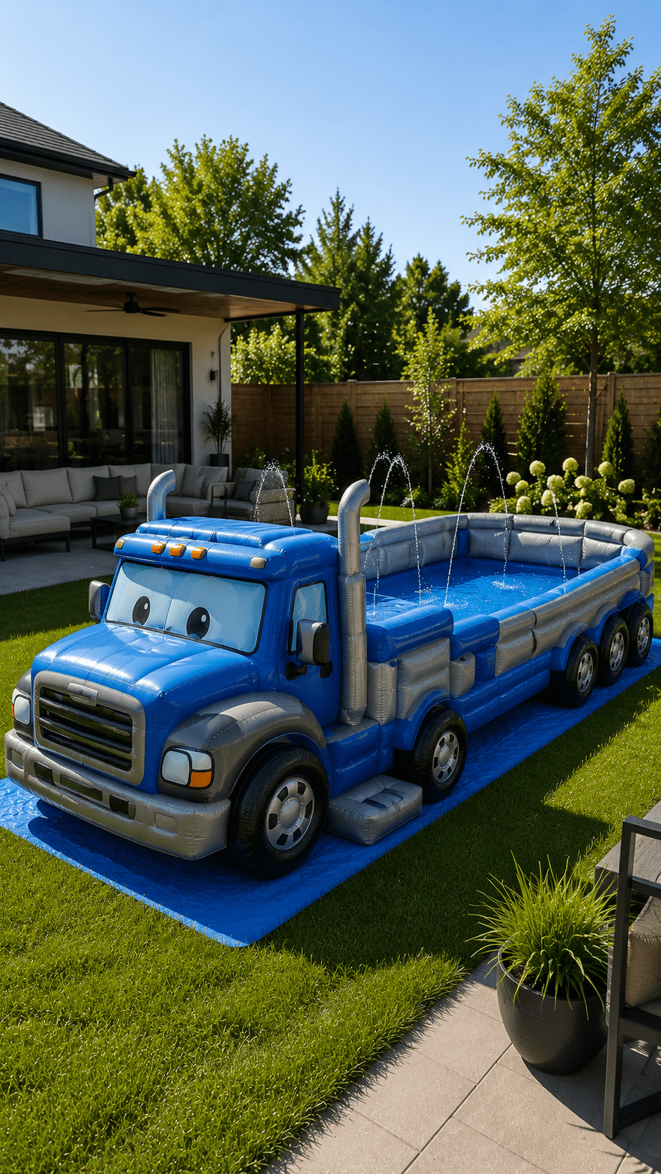 Large blue truck-shaped inflatable paddling pool featuring multiple water sprayers in a landscaped back garden.