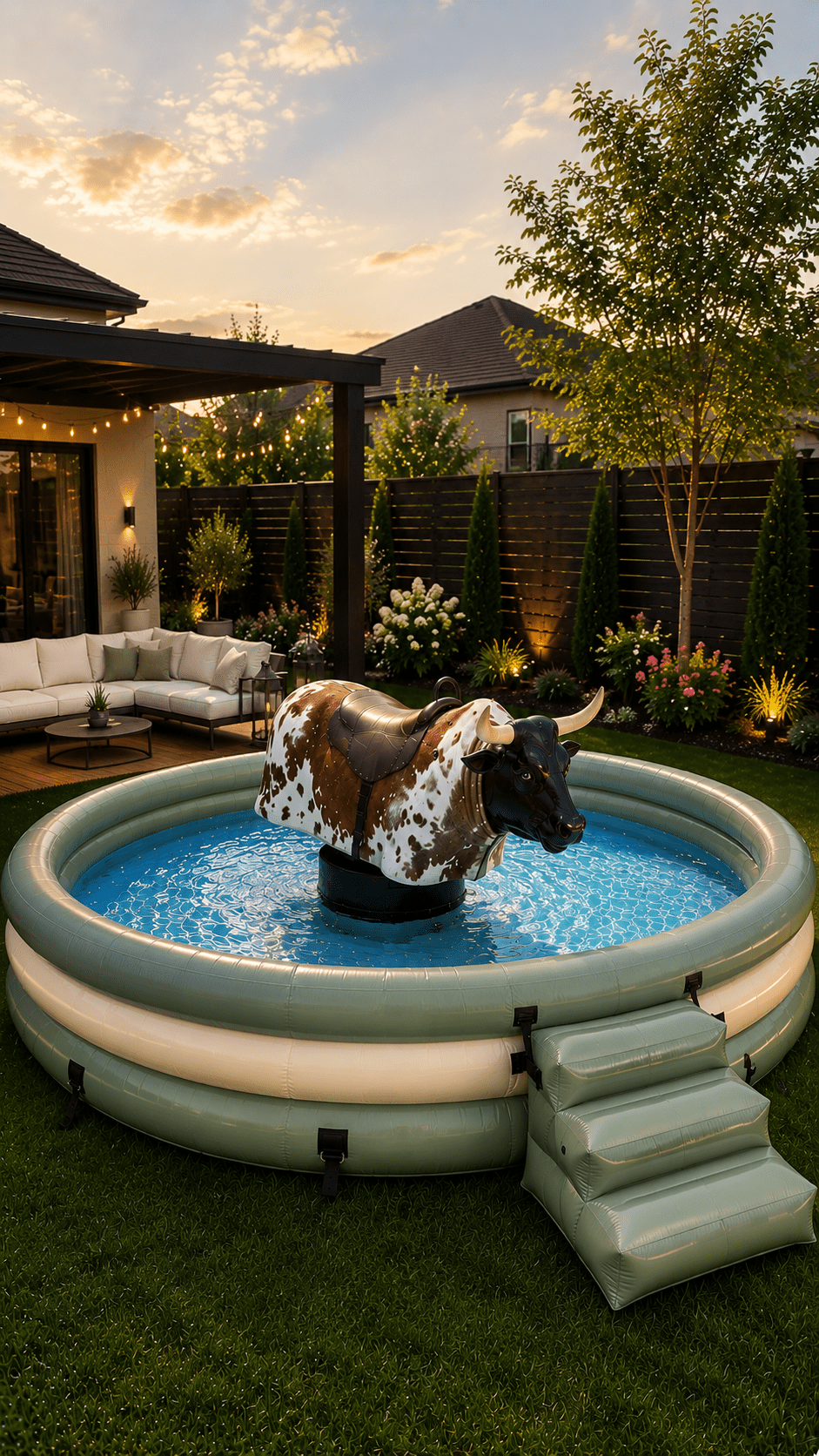 Sage green inflatable mechanical bull pool with central bull ride surrounded by luxury outdoor seating at sunset.