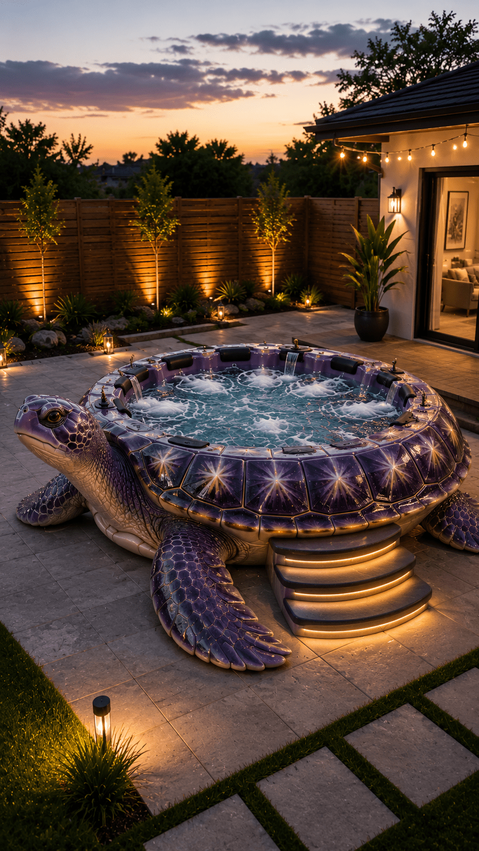 Illuminated purple turtle-shaped luxury hot tub with bubbling spa in a modern landscaped garden at sunset.