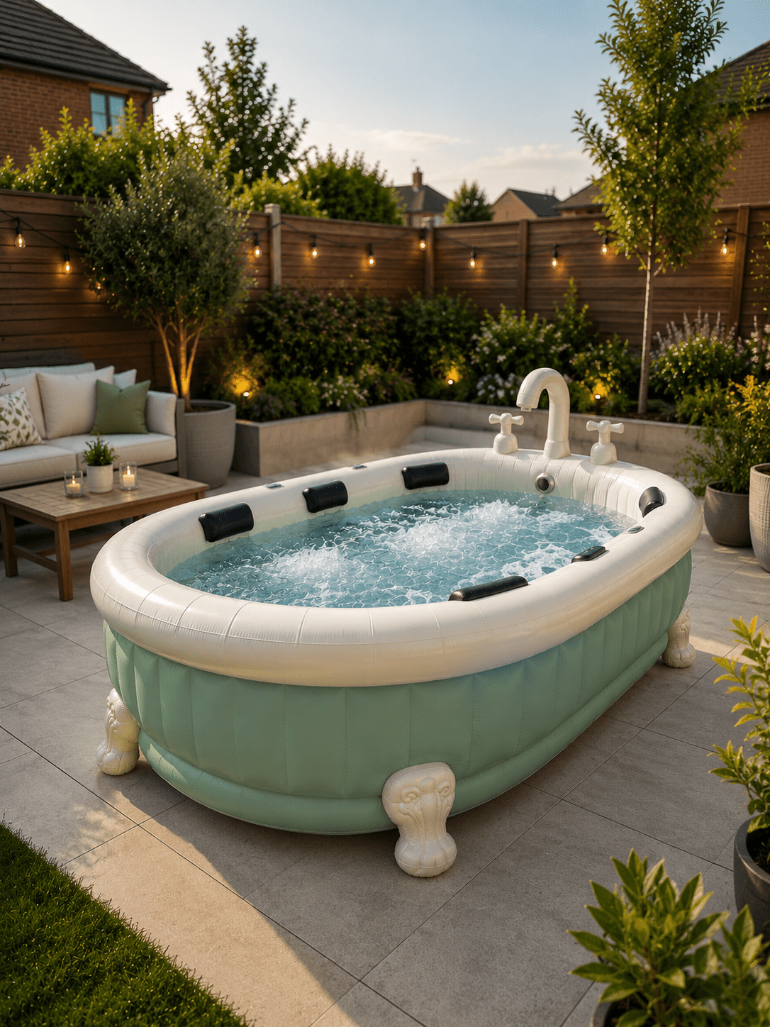 Sage green inflatable bathtub hot tub with decorative claw feet in a stylish modern back garden patio setting.