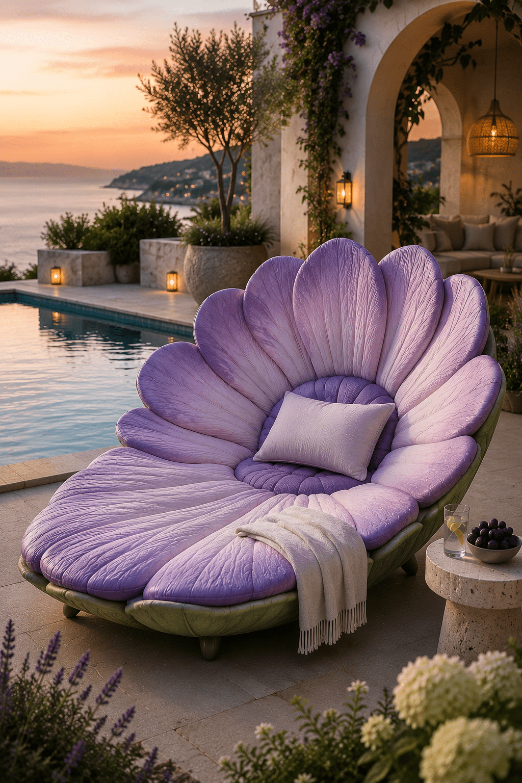 Elegant lavender flower-inspired outdoor lounger beside a luxury pool at sunset with Mediterranean-style surroundings.